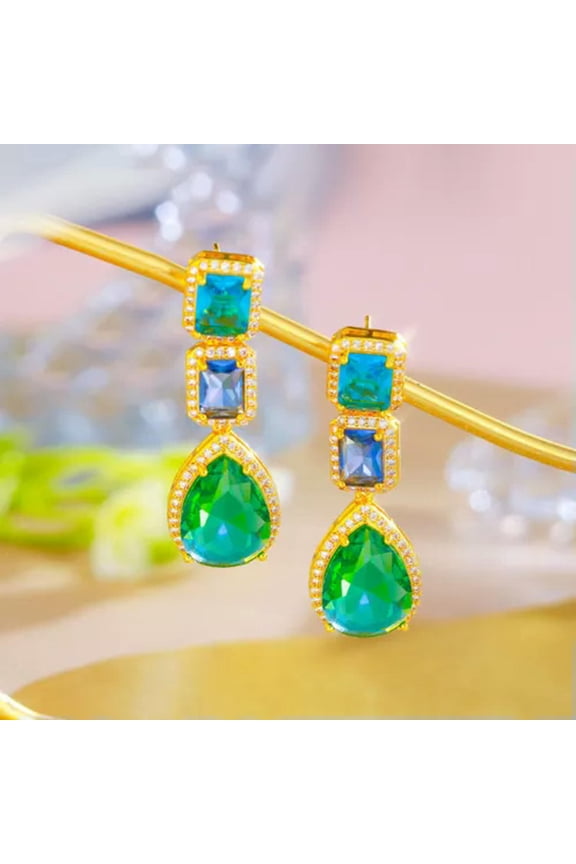 Blue Silver Plated Cubic Zirconia Long Square Dangle Water Drop Earrings Jewelry
