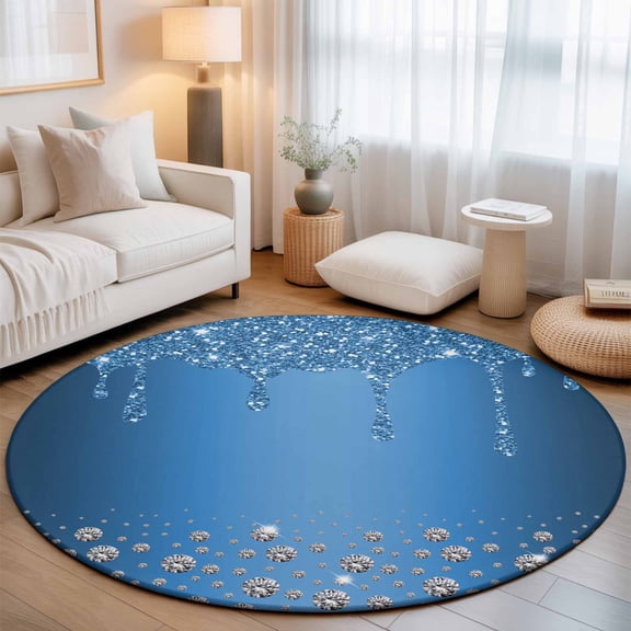 Blue Silver Shiny Diamond Round Rug 5ft Luxury Texture Colorful Modern Washable Area Rugs for Living Room Bedroom Entryway Non Slip Entrance Door Mat Indoor Floor Carpet