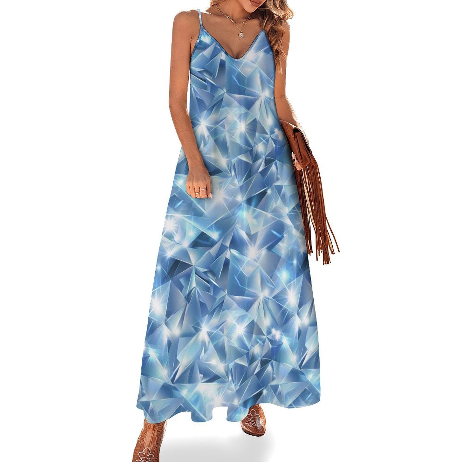 LILBETTER Women's Boho V-Neck Polka Dot Maxi Dress | Light Blue | Summer Beach Dress