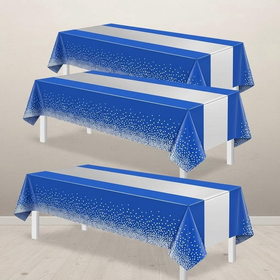 Blue and Silver Tablecloth Party Decorations, Plastic Royal Blue Table Cloth Printed Silver Table Runner Disposable Rectangle Tables Cover for Anniversary Wedding Graduation Party