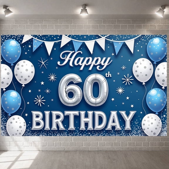 Blue & Silver Theme 60th Birthday Banner Balloon Decor Display Star Pattern Glitter Accents Birthday Celebration Backdrop for 60th Birthday Party Anniversary Celebration Indoor Decoration