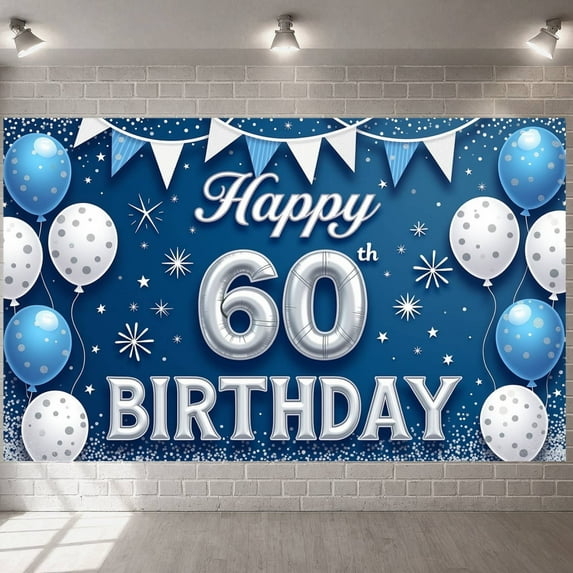 Blue & Silver Theme 60th Birthday Banner Balloon Decor Display Star Pattern Glitter Accents Birthday Celebration Backdrop for 60th Birthday Party Anniversary Celebration Indoor Decoration