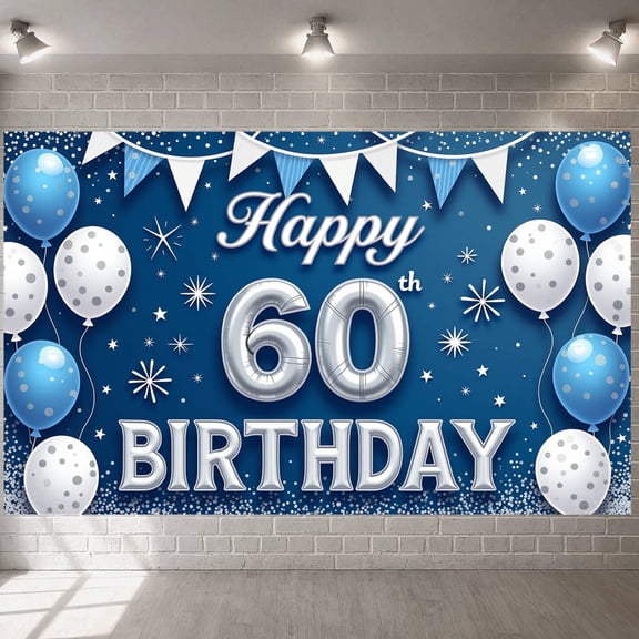 Blue & Silver Theme 60th Birthday Banner Balloon Decor  Display Star Pattern Glitter Accents Birthday Celebration Backdrop for 60th Birthday Party Anniversary Celebration Indoor Decoration
