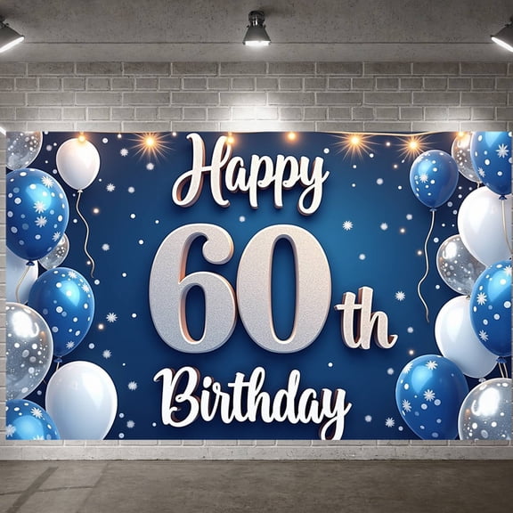 Blue Silver Theme Happy 60th Banner Sparkling Design 60th Birthday Display Snowflake Decor Balloon Accents 60th Backdrop for 60th Birthday Party Milestone Celebration Photo Shoot