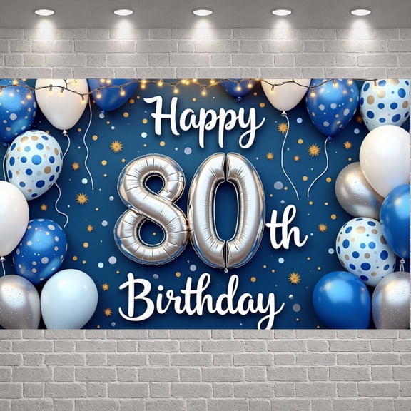 Blue Silver Theme Happy 80th Birthday Banner Metallic Balloon 80th Birthday Display Polka Dot Pattern Gold Star Decor 80th Backdrop for 80th Birthday Party Senior Celebration Family Gathering