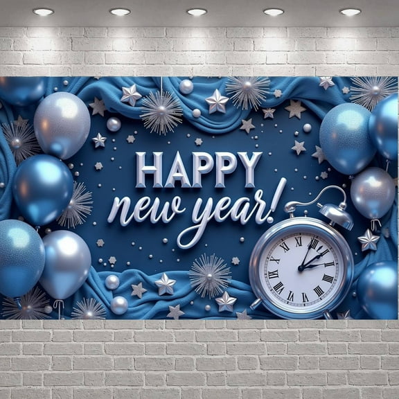 Blue Silver Theme Happy New Year Banner Metallic Balloons New Year Display Star Decorations Firework Elements Festive Backdrop for New Year Party Holiday Celebration Indoor Decoration