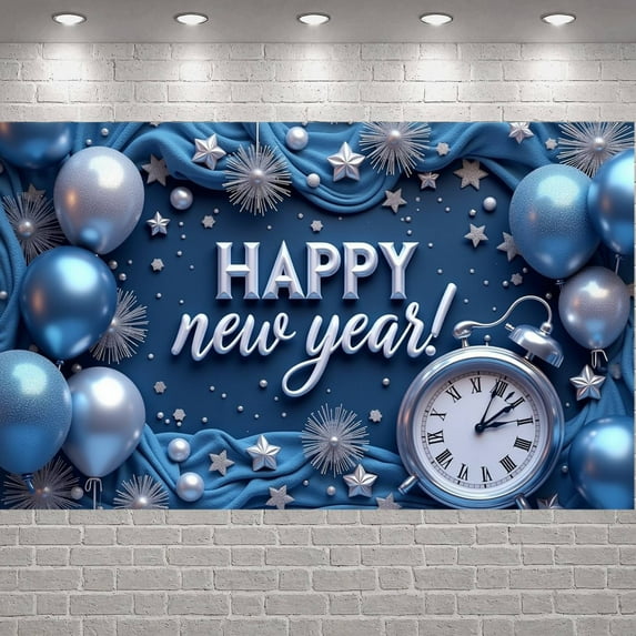 Blue Silver Theme Happy New Year Banner Metallic Balloons New Year Display Star Decorations Firework Elements Festive Backdrop for New Year Party Holiday Celebration Indoor Decoration