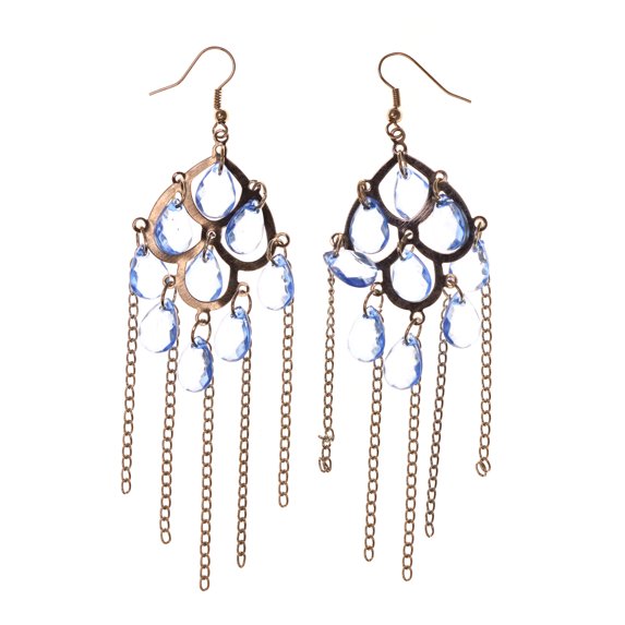Blue & Silver-Tone Colored Metal Dangle-Earrings With Bead Accents #LQE1884