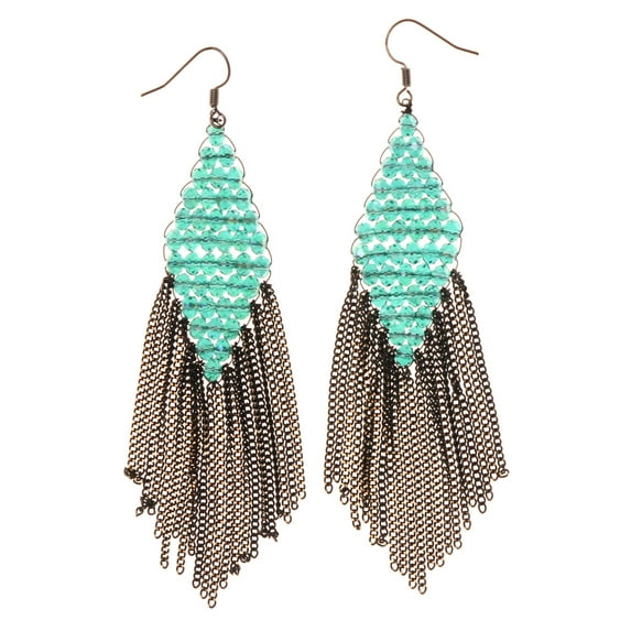 Blue & Silver-Tone Colored Metal Dangle-Earrings With Bead Accents #LQE2981