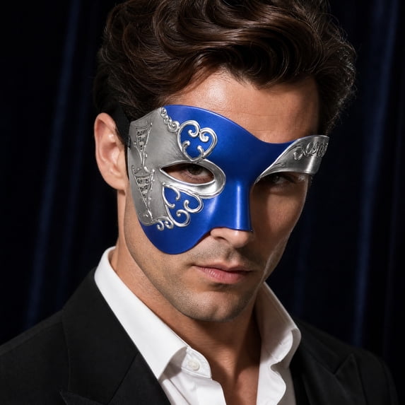Blue Silver Venetian Masquerade Mask 8 Inch Half Face Halloween Mask Accessory for Masquerade Party Mardi Gras Events, 1 Pack