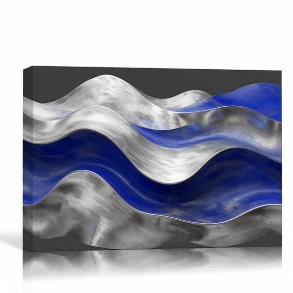 Blue Silver Waves Abstract Wall Art Fluid Metallic Canvas Print Cobalt Silver Gallery Wrapped Canvas Living Room Decor 24"L x 16"W