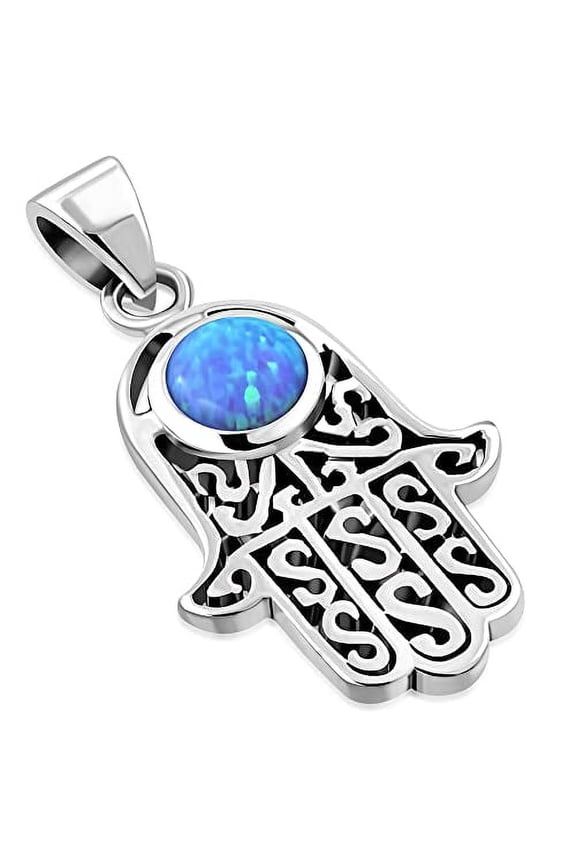 Blue Simulated Opal 925 Sterling Silver Hamsa Hand Protection Pendant Necklace With Chain