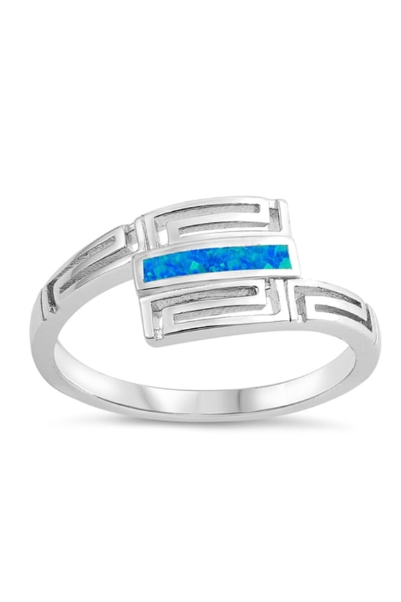 Blue Simulated Opal Bar Roman Design Ring Sterling Silver Size 7