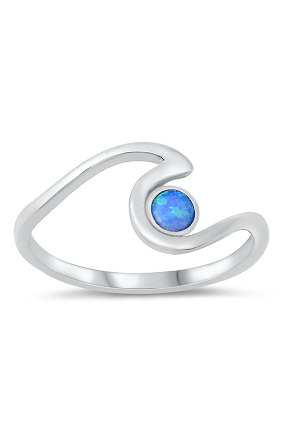 Blue Simulated Opal Bead Ocean Wave Ring Sterling Silver Size 7