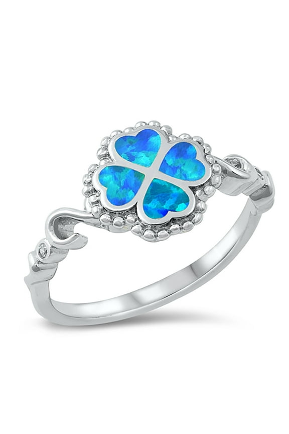 Blue Simulated Opal Beaded Four Leaf Clover Swirl Ring Sterling Silver Size 5
