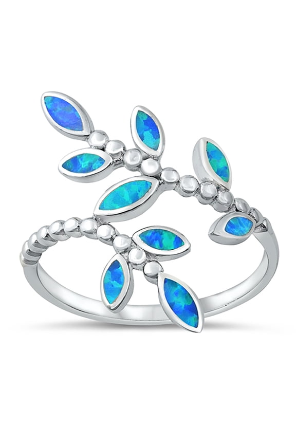 Blue Simulated Opal Beaded Leaves Ring Sterling Silver Size 8