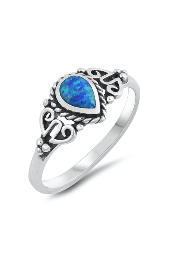 Blue Simulated Opal Bezel Rope Teardrop Center Ring Sterling Silver Size 6