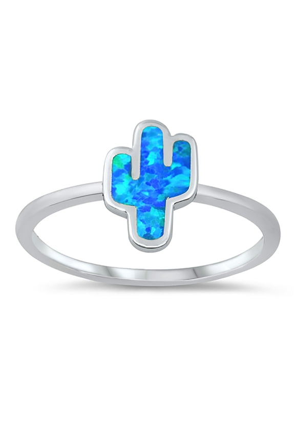 Blue Simulated Opal Cactus Ring Sterling Silver Size 5