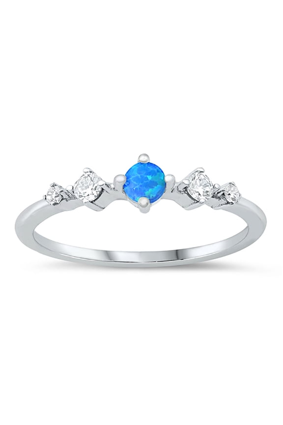 Blue Simulated Opal Center Cubic Zirconia Five Stone Stackable Ring Sterling Silver Size 5