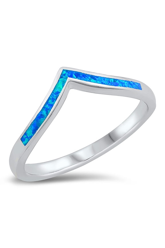 Blue Simulated Opal Chevron Design Stackable Ring Sterling Silver Size 9