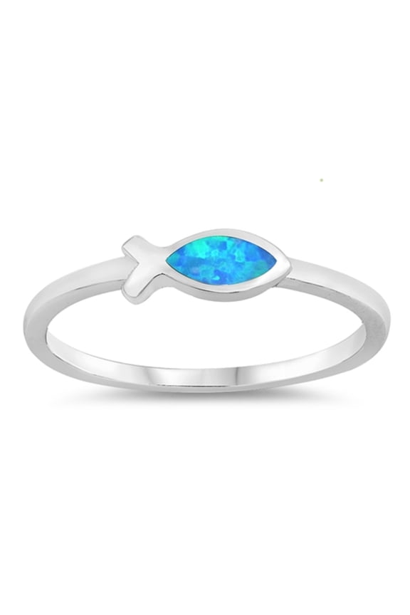 Blue Simulated Opal Christian Fish Ring Sterling Silver Size 8
