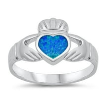 Blue Simulated Opal Claddagh Elegant Ring ( Sizes 5 6 7 8 9 ) .925 Sterling Silver Thumb Band Rings (Size 8)