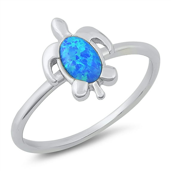 Blue Simulated Opal Classic Sea Turtle Ring Sterling Silver Size 10