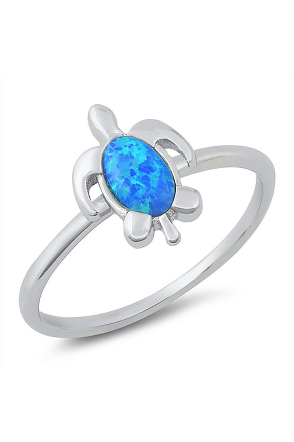 Blue Simulated Opal Classic Sea Turtle Ring Sterling Silver Size 7