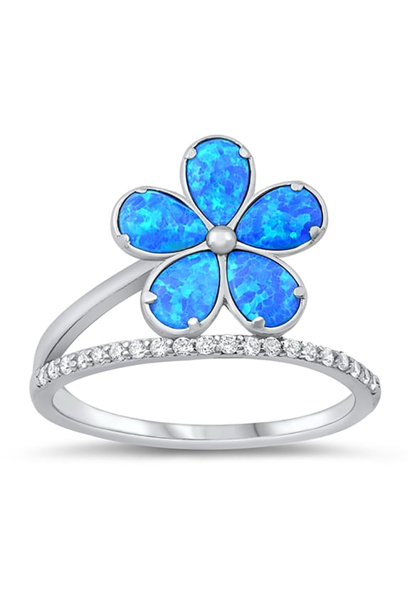 Blue Simulated Opal Clear Cubic Zirconia Plumeria Flower Ring Sterling Silver Size 10