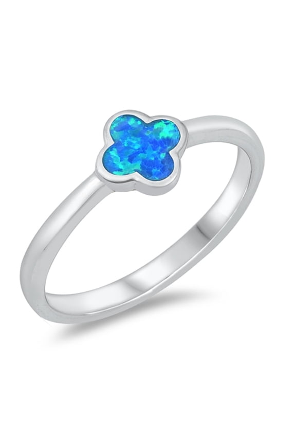 Blue Simulated Opal Clover Ring Sterling Silver Size 5
