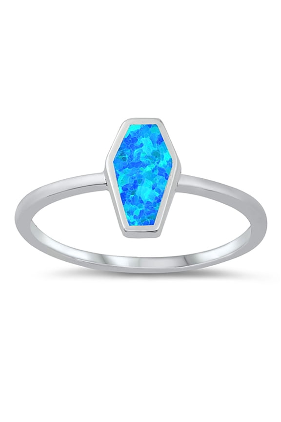 Blue Simulated Opal Coffin Shape Ring Sterling Silver Size 9