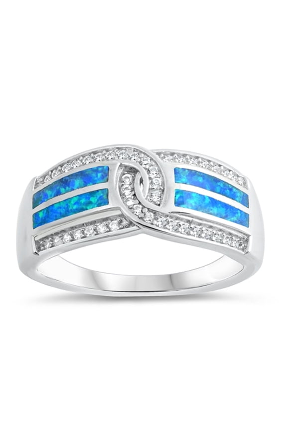 Blue Simulated Opal Cubic Zirconia Double Layer Knot Ring Sterling Silver Size 5