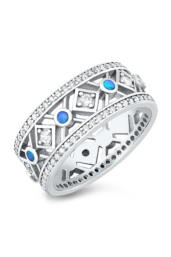 Blue Simulated Opal Cubic Zirconia Fashion Eternity Ring Sterling Silver Size 9