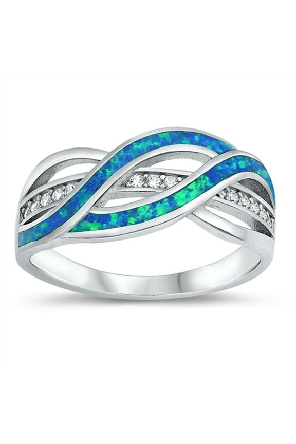 Blue Simulated Opal Cubic Zirconia Swirl Design Ring Sterling Silver Size 8