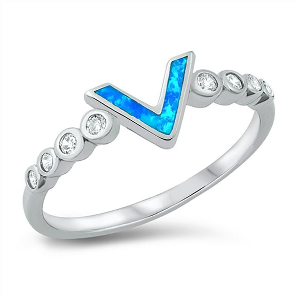 Blue Simulated Opal Cubic Zirconia V Shaped Ring Sterling Silver Size 7