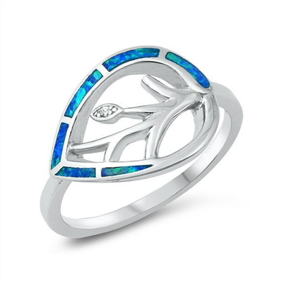 Blue Simulated Opal Cutout Mosaic Leaf Ring .925 Sterling Silver Band CZ Jewelry Female Size 9