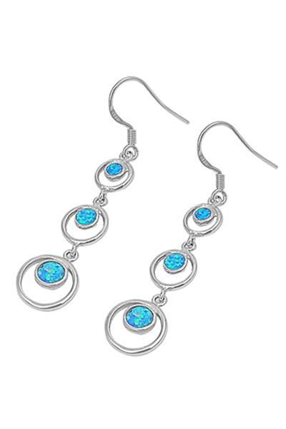 Blue Simulated Opal Dangling Circles Fishhook Earrings Sterling Silver