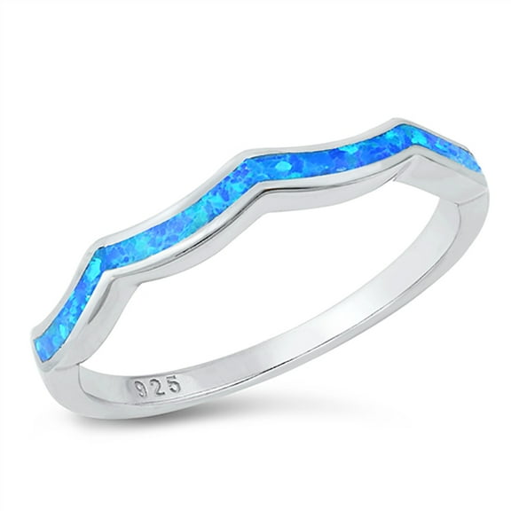 Blue Simulated Opal Decorated Band Ring Sterling Silver Size 7