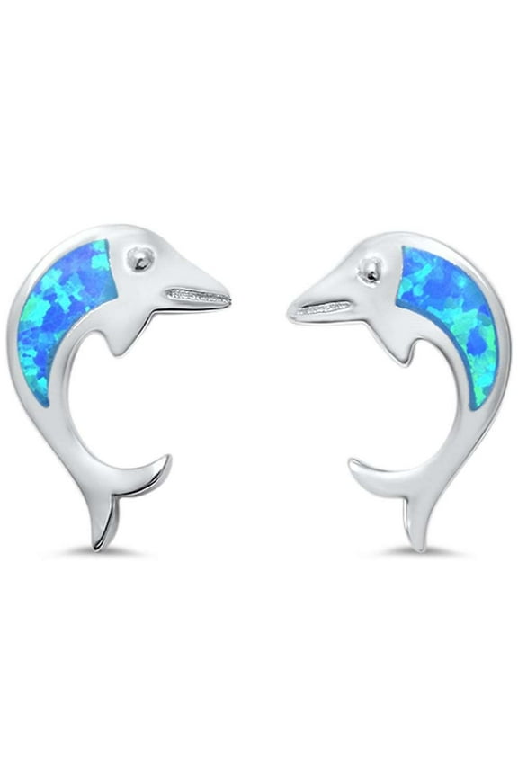 Blue Simulated Opal Dolphin Stud Earrings Sterling Silver