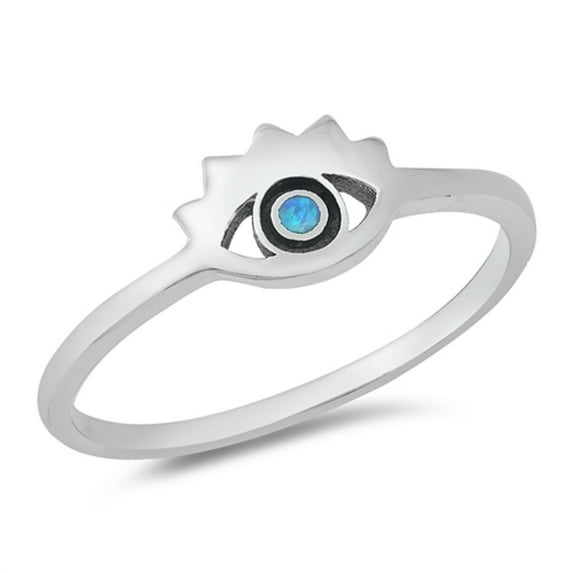 Blue Simulated Opal Evil Eye Design Ring Sterling Silver Size 7