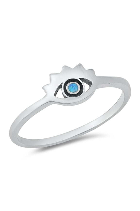 Blue Simulated Opal Evil Eye Design Ring Sterling Silver Size 7