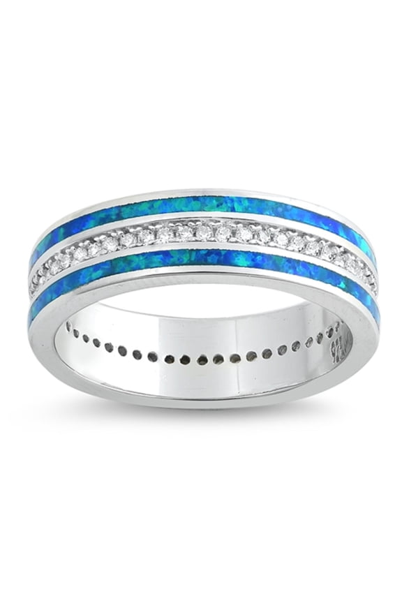 Blue Simulated Opal Fashion Eternity Ring Sterling Silver Size 5