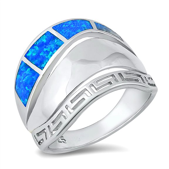 Blue Simulated Opal Greek Aztec Design Ring Sterling Silver Size 5
