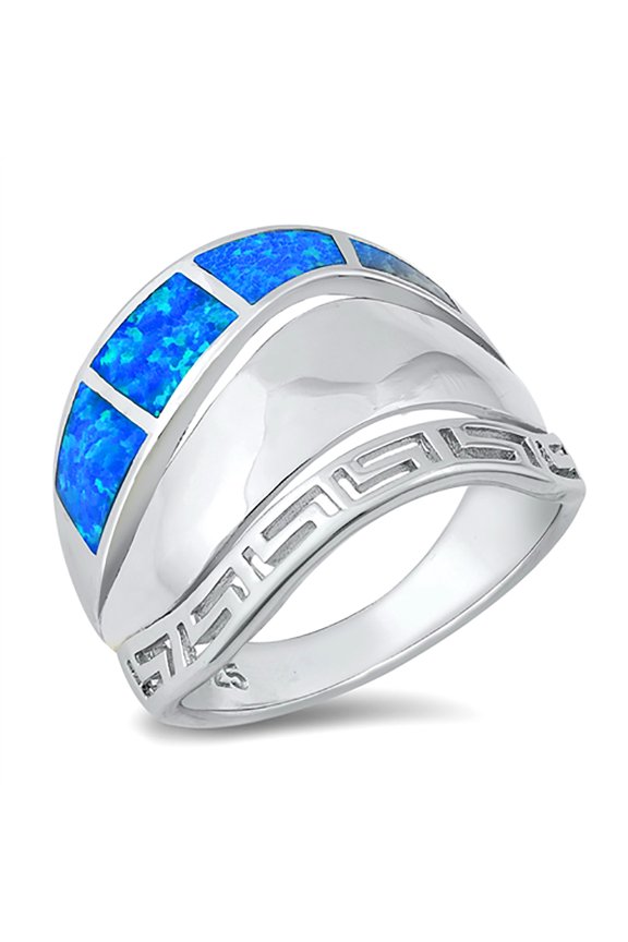 Blue Simulated Opal Greek Aztec Design Ring Sterling Silver Size 6