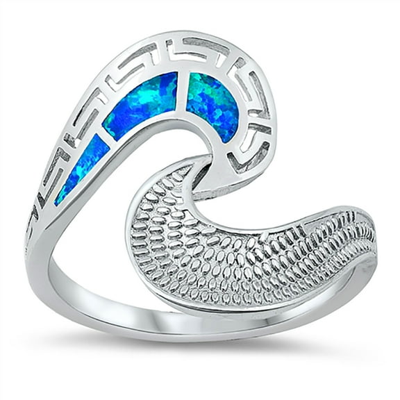 Blue Simulated Opal Greek Design Wave Ring Sterling Silver Size 6