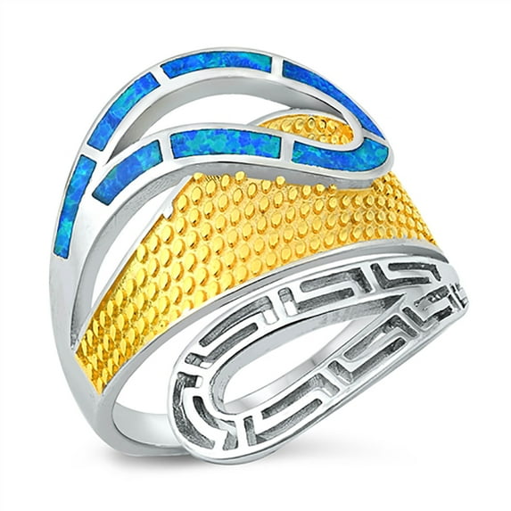 Blue Simulated Opal Greek Fashion Design Ring Gold-Tone Plated Sterling Silver Size 10