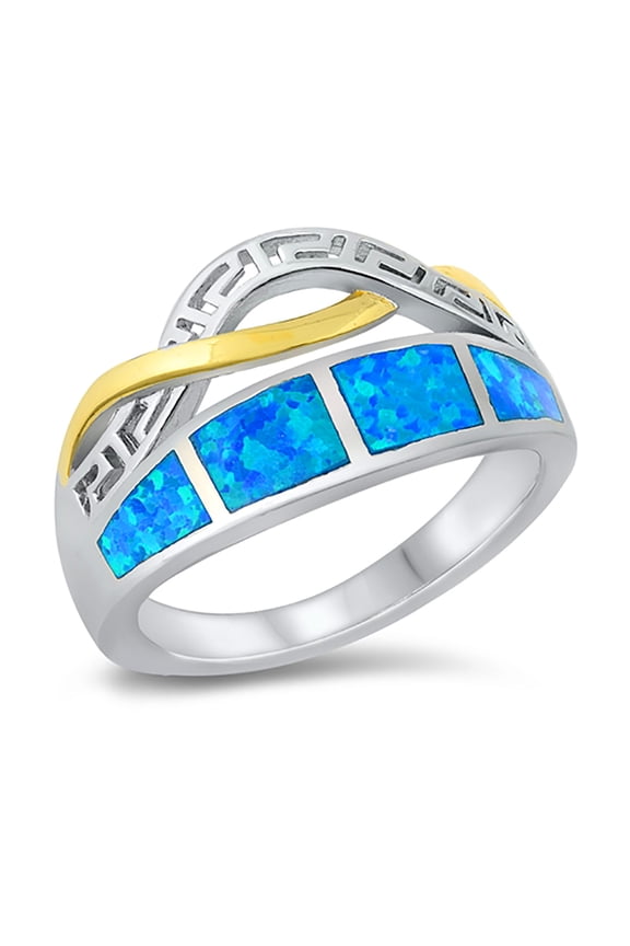 Blue Simulated Opal Greek Intertwined Ring Two-Tone Sterling Silver Size 6