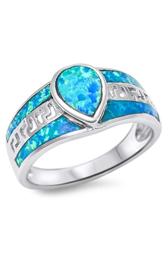 Blue Simulated Opal Greek Key Inlay Ring .925 Sterling Silver Band CZ Jewelry Female Size 8