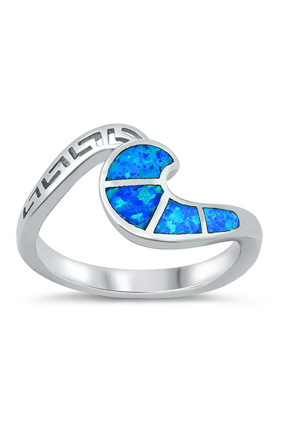 Blue Simulated Opal Greek Ocean Wave Ring Sterling Silver Size 5