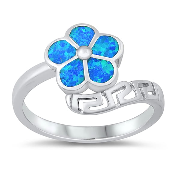 Blue Simulated Opal Greek Plumeria Flower Ring Sterling Silver Size 7